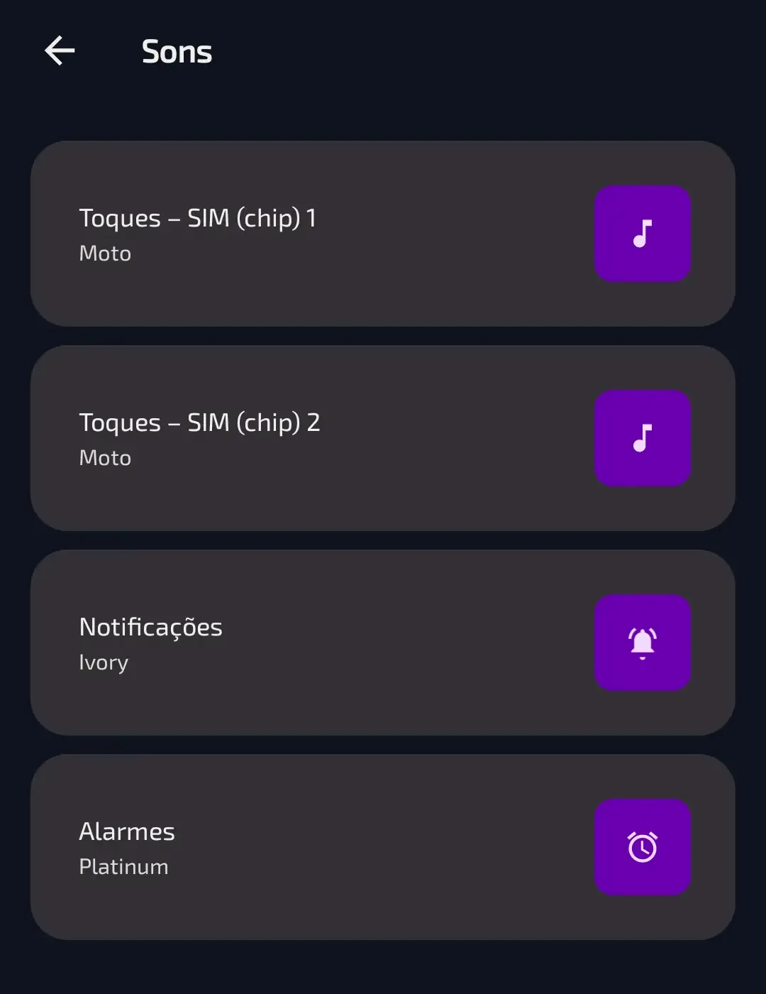 Captura de tela das configuracoes de sons